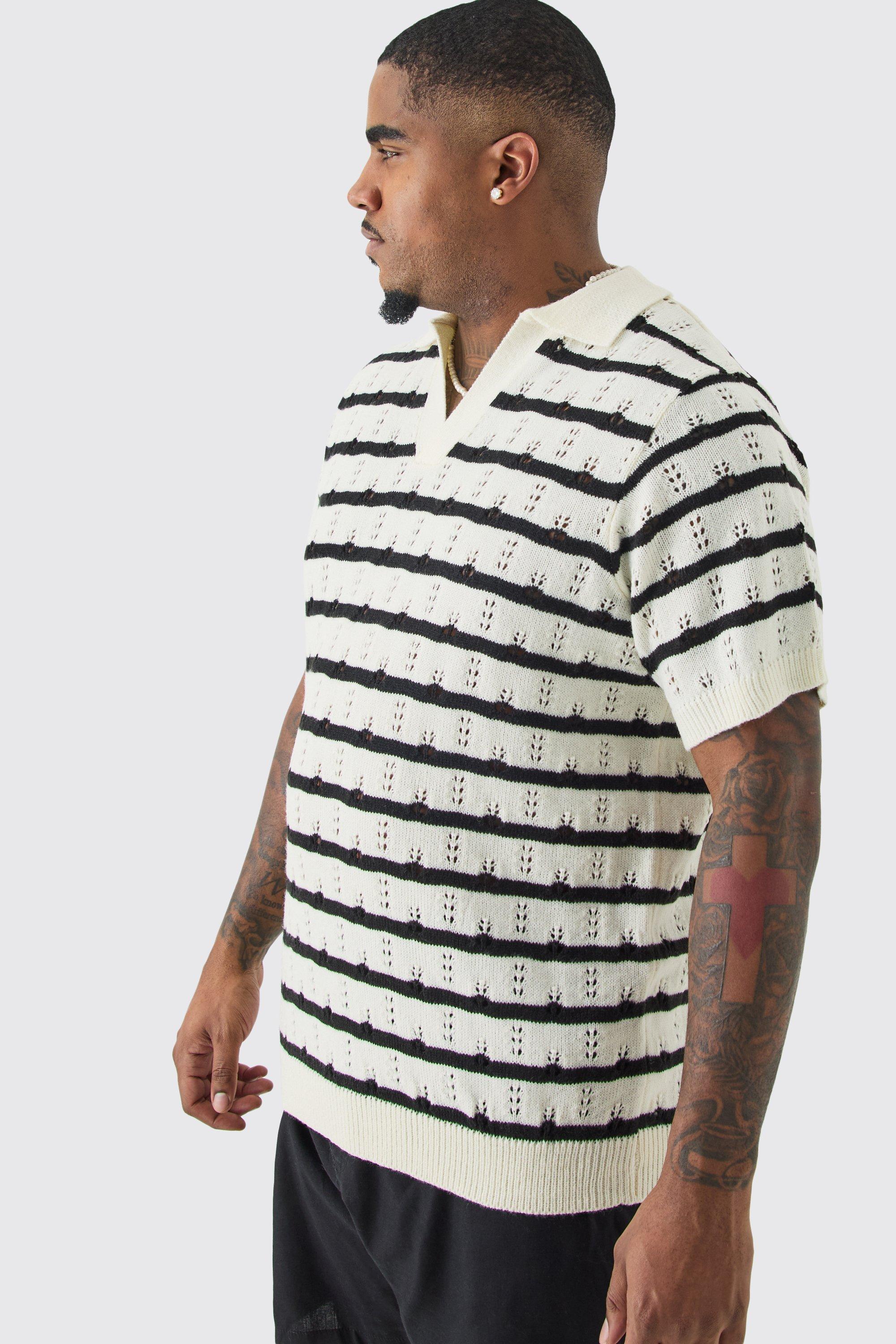 Plus Short Sleeve Regular Crochet Knit Stripe Polo In Ecru | boohooMAN USA Product Image