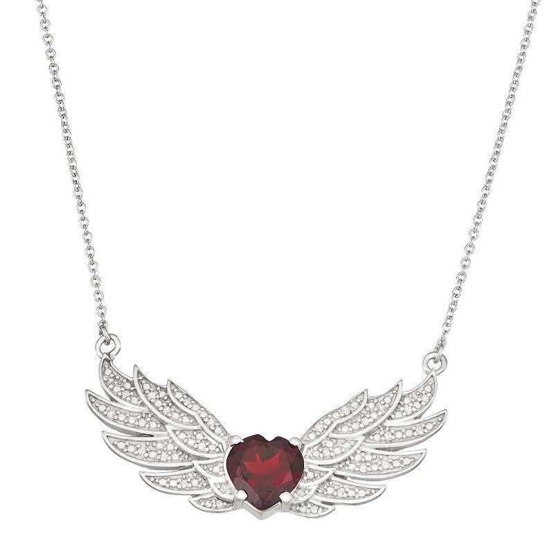 Jewelexcess Sterling Silver Genuine Garnet & White Topaz Heart & Wings Pendant Necklace, Womens Product Image