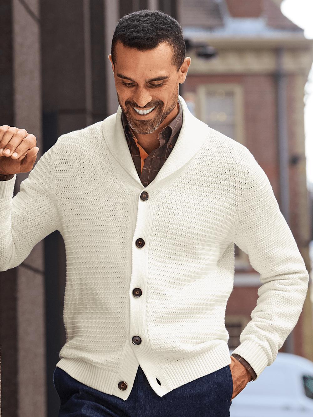 Cotton Button Front Shawl Collar Cardigan Sweater - Ivory Product Image