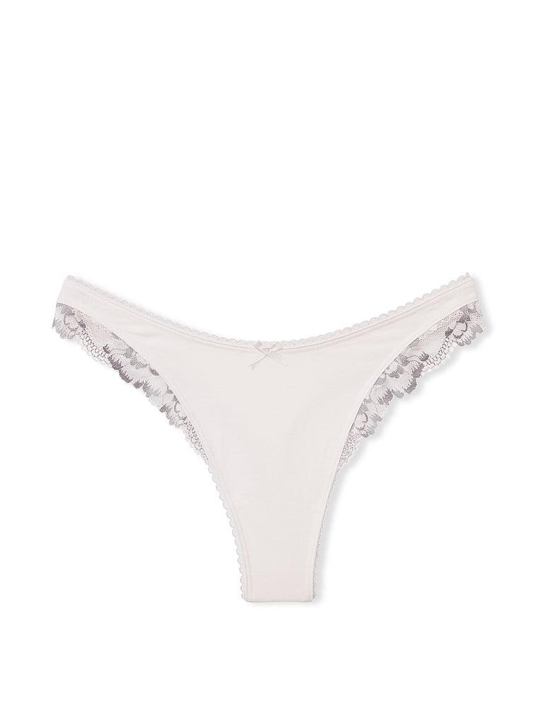 Stretch Cotton Lace-Trim High-Leg Scoop Thong Panty Product Image