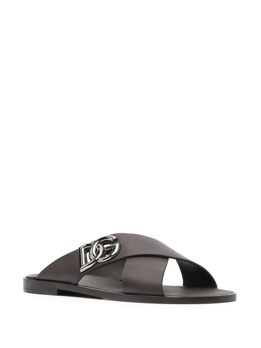 Black Sandals With Criss Cross Bands And Logo Detail In Leather Man In Nero Product Image