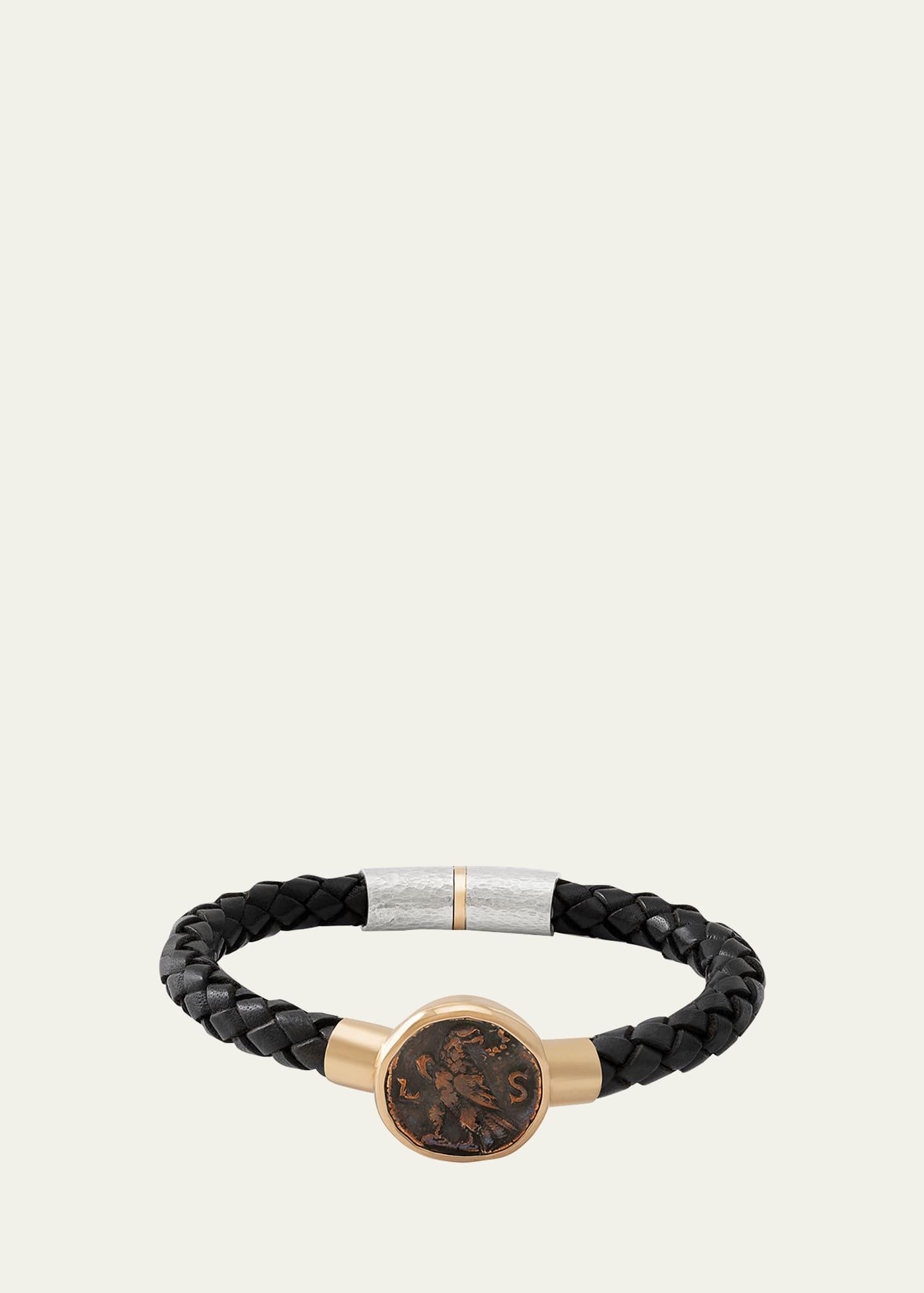 Mens Roman Eagle Coin Braided Leather Bracelet Product Image