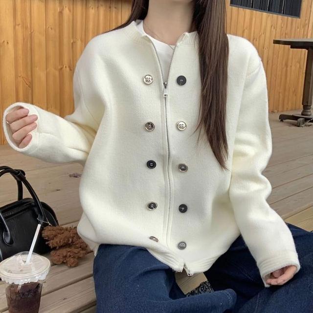 Round Neck Plain Button Detail Zip Cardigan Product Image