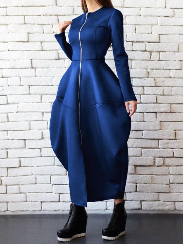 Split-Joint Zipper Round-Neck Maxi Dress Coat Bubble Dress Product Image