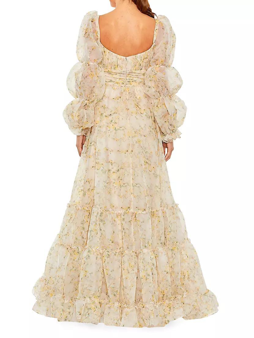 Floral Puff-Sleeve Tiered Chiffon Gown Product Image