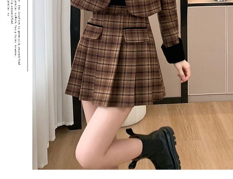 Set: Plaid Button-Up Crop Jacket + Mini Pleated Skirt Product Image