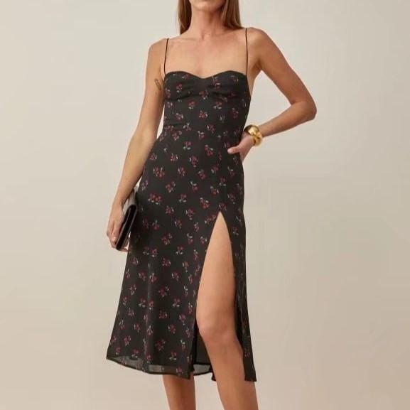 Spaghetti Strap Patterned Print Slit Midi A-Line Dress Product Image