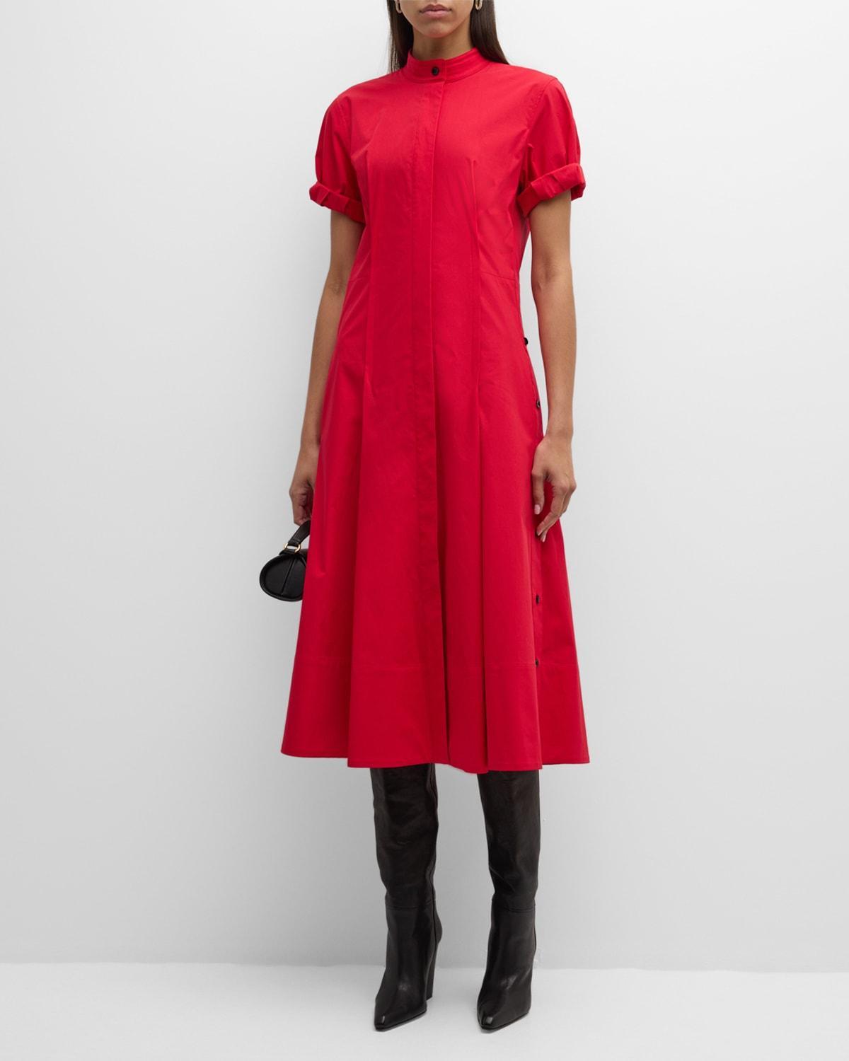 Button-Side Short-Sleeve Poplin Midi Shirtdress Product Image