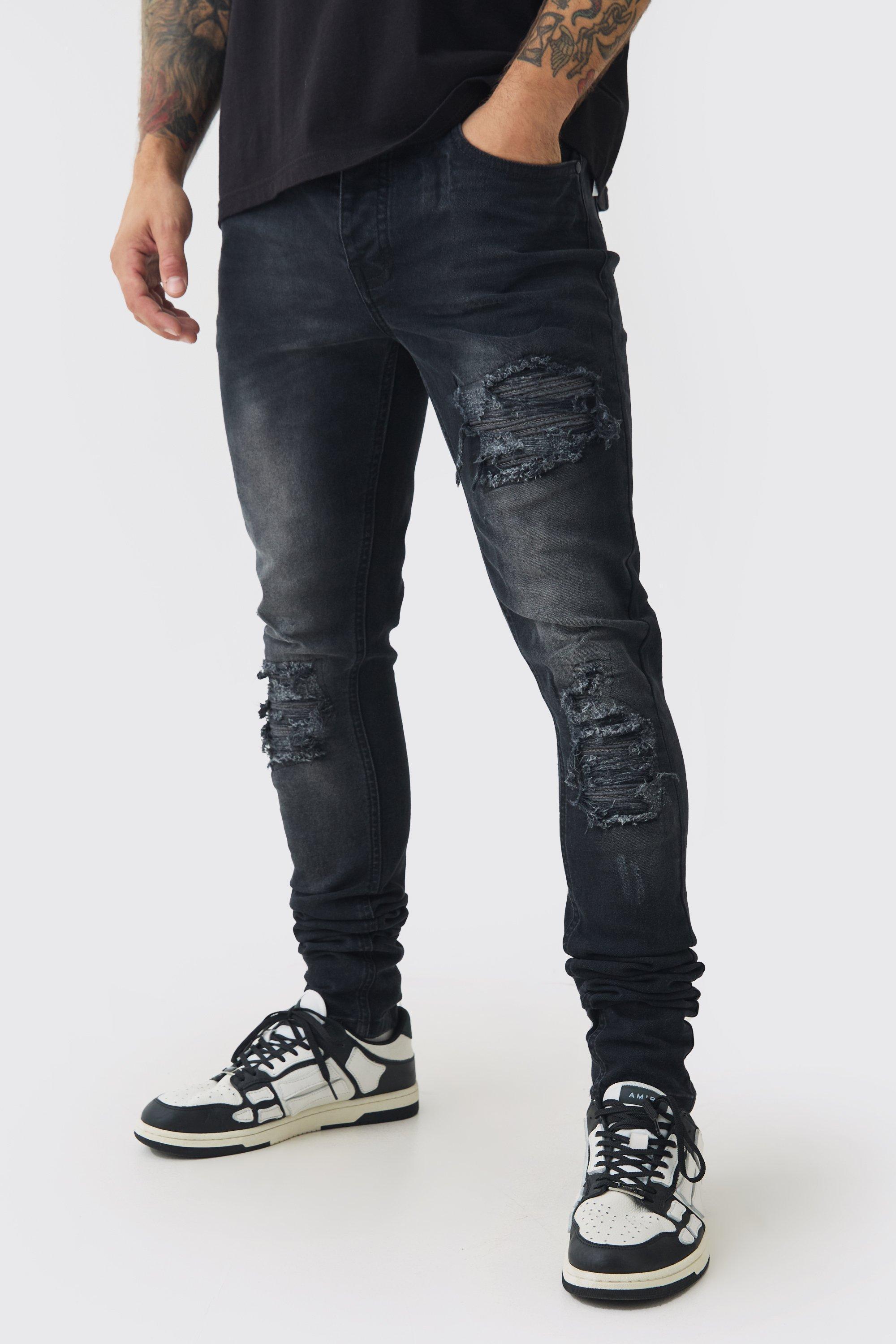 Mens Black Skinny Stretch Stacked Biker Rip & Repair Jeans, Black Product Image