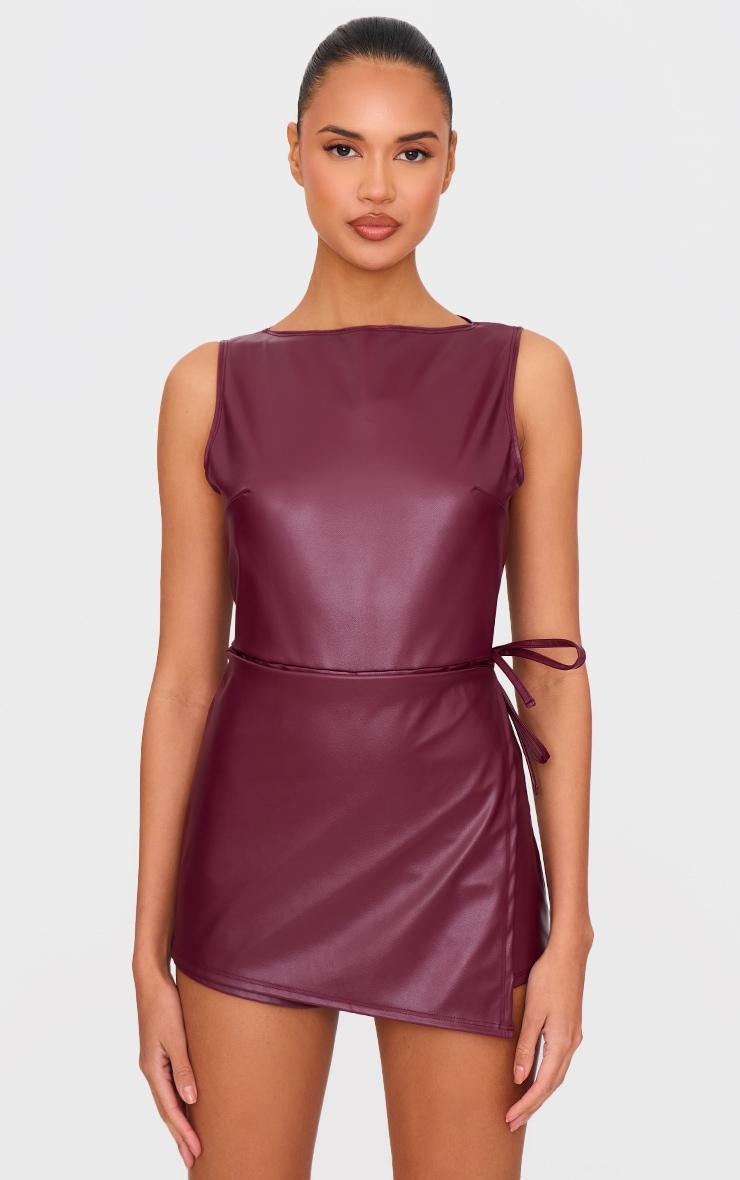  Burgundy Faux Leather Boat Neck Wrap Front Romper product image