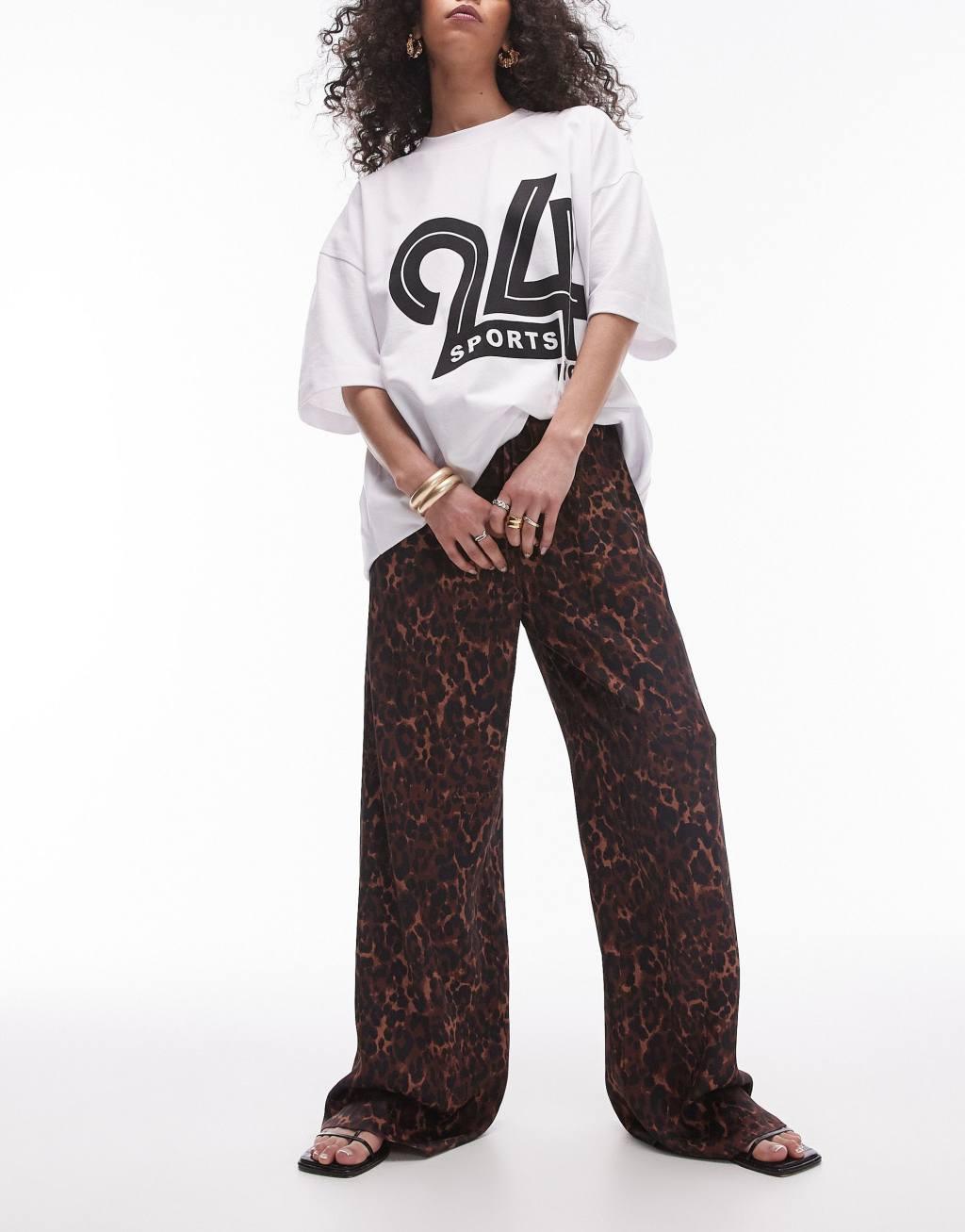 Topshop satin straight leg tie waist pants in dark leopard Product Image