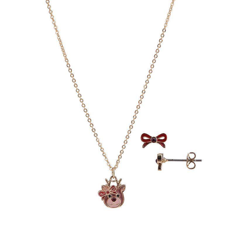 FAO Schwarz Gold Tone Reindeer with Bow Necklace & Earrings Set, Womens, Red Product Image