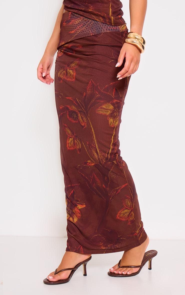 Burgundy Floral Print Low Rise Maxi Skirt Product Image