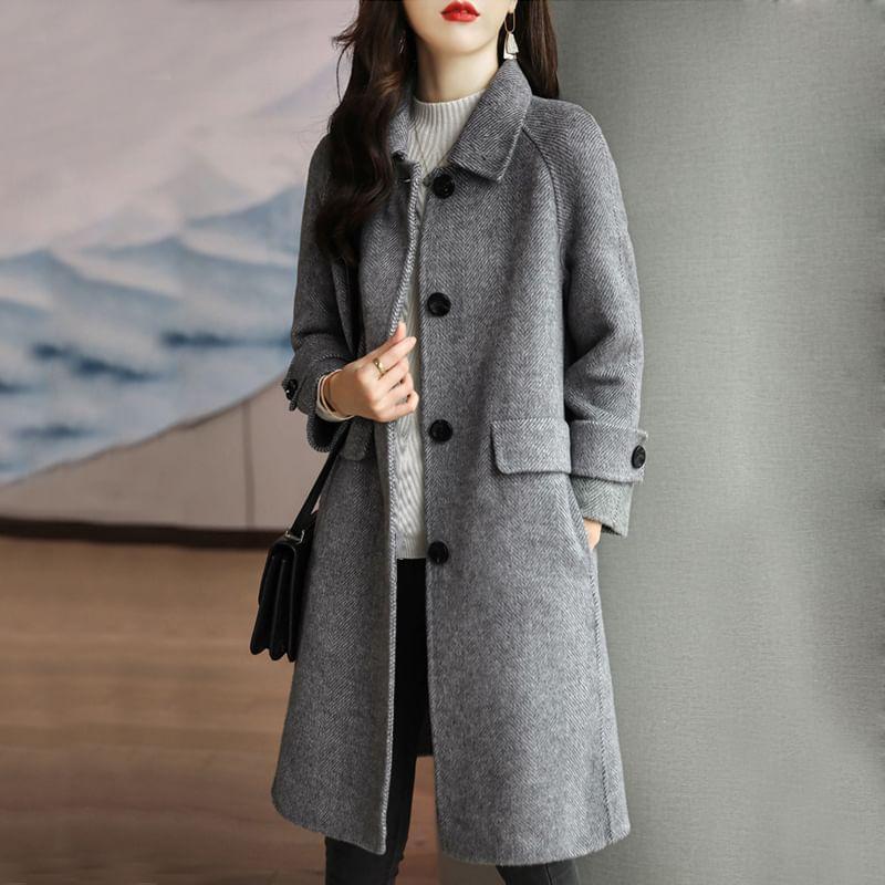 Collared Plain Single Breasted Long Coat Product Image