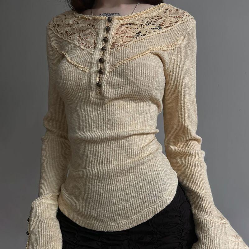 Long Sleeve V-Neck Lace Panel Ribbed-Knit Slim-Fit Top Product Image