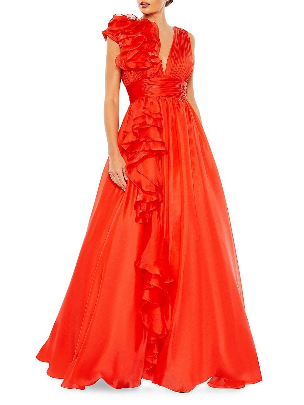 Womens Ruffle Shoulder V-Neck Gown Product Image