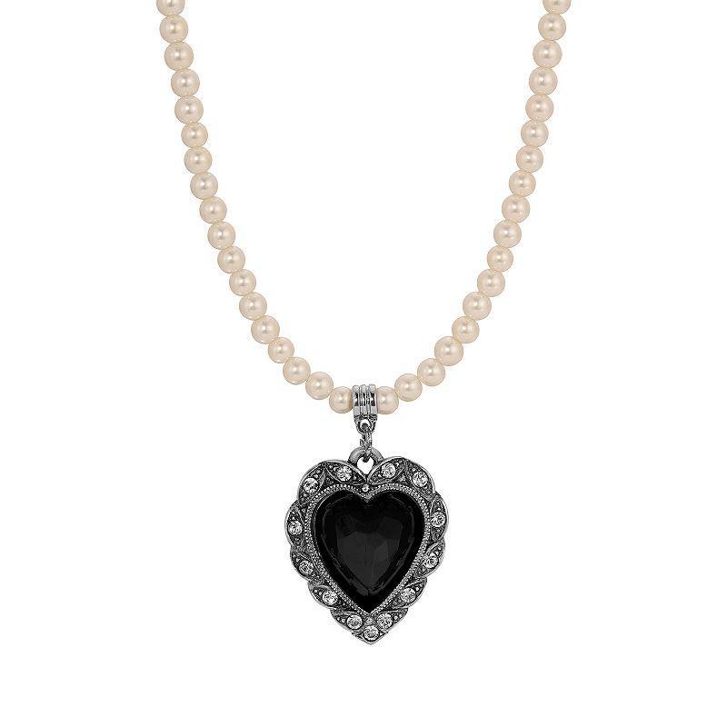 1928 Gold Tone Crystal Heart Necklace, Womens, Black Product Image