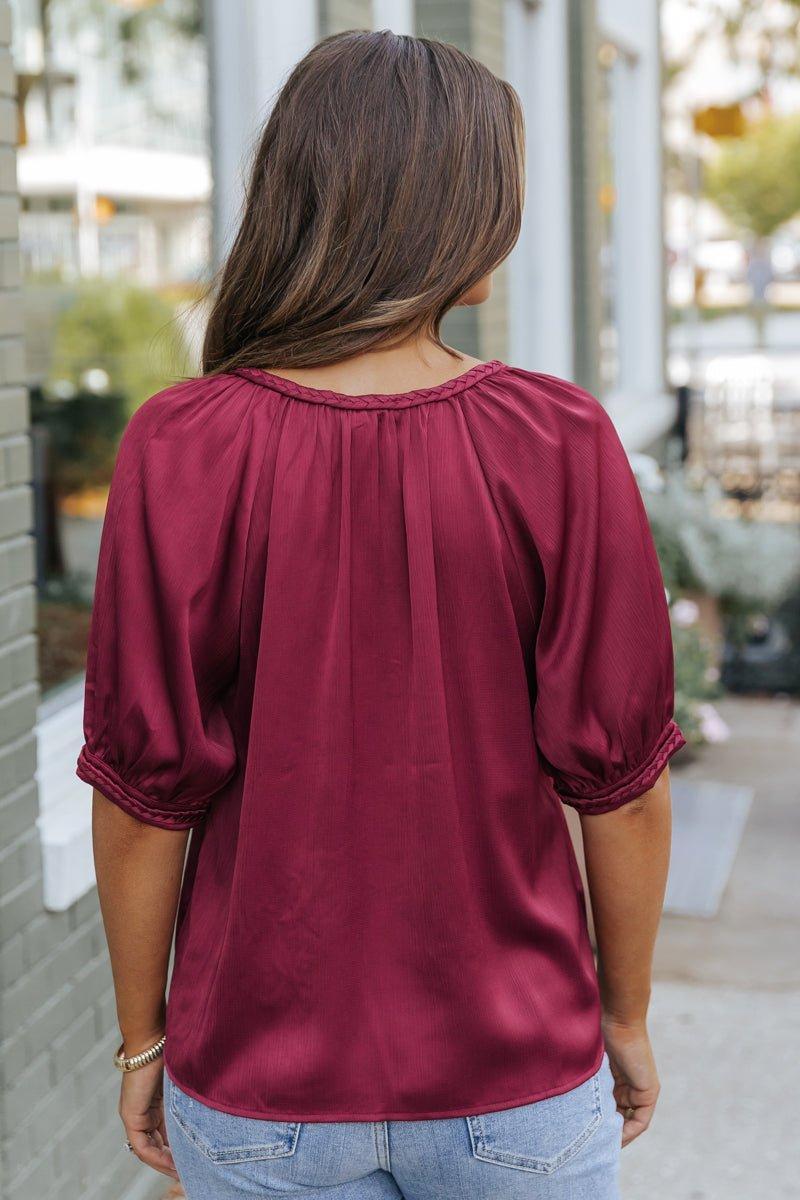 Be Seeing You Puff Sleeve Satin Top - Wine - FINAL SALE Product Image