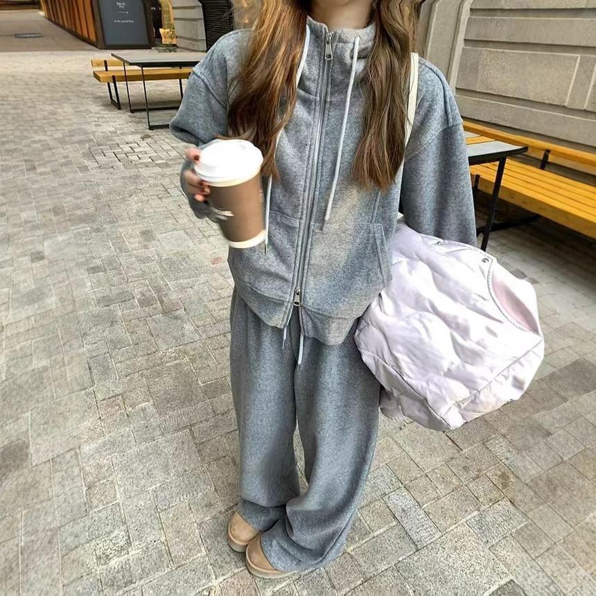 Zip-Up Plain Hoodie / High Waist Wide Leg Sweatpants Product Image