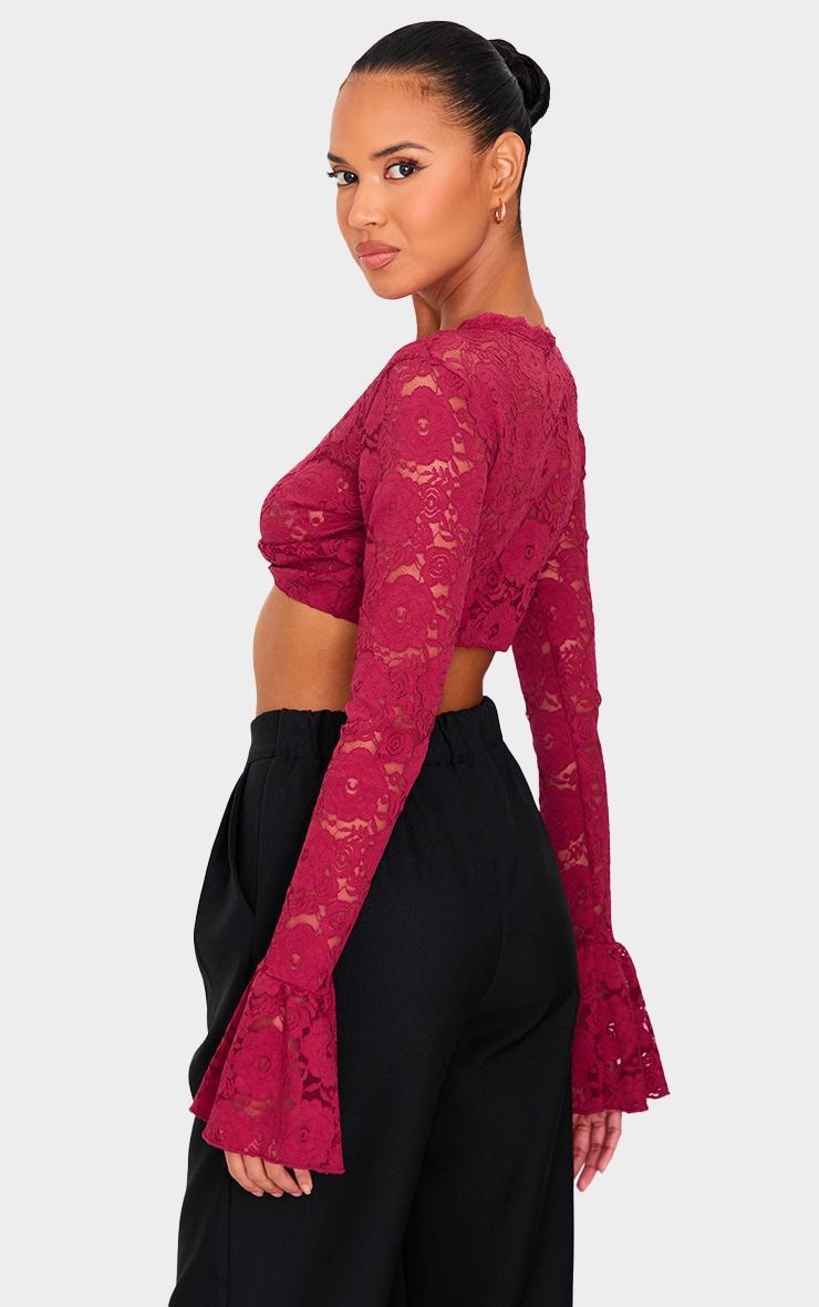  Burgundy Lace Extreme Crop Long Sleeved Top Product Image