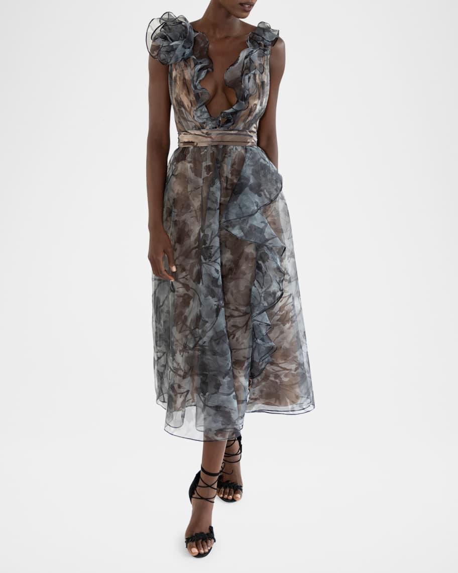 Ruffle Floral-Print Organza Midi Dress Product Image