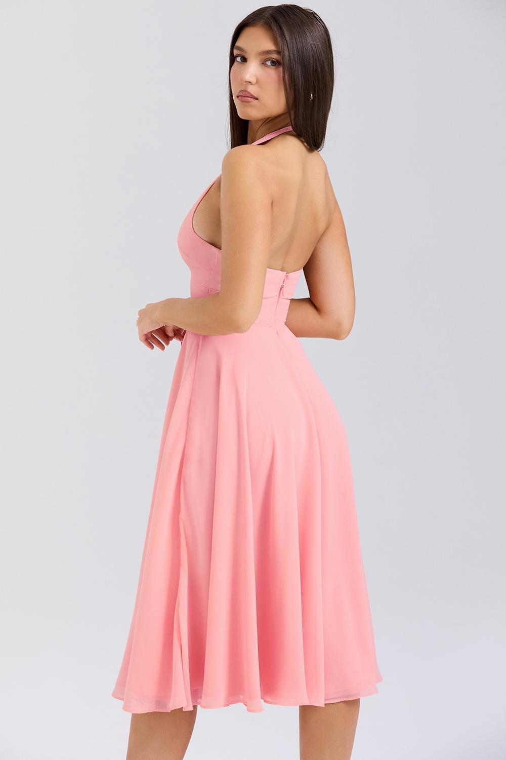 Solada Peach Georgette Halter Sundress Product Image