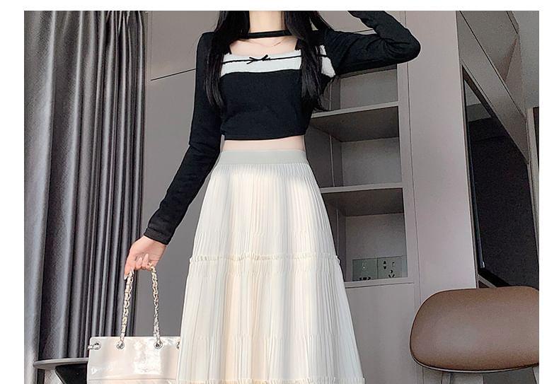 Elastic Waist Plain Tiered Midi A-Line Skirt Product Image