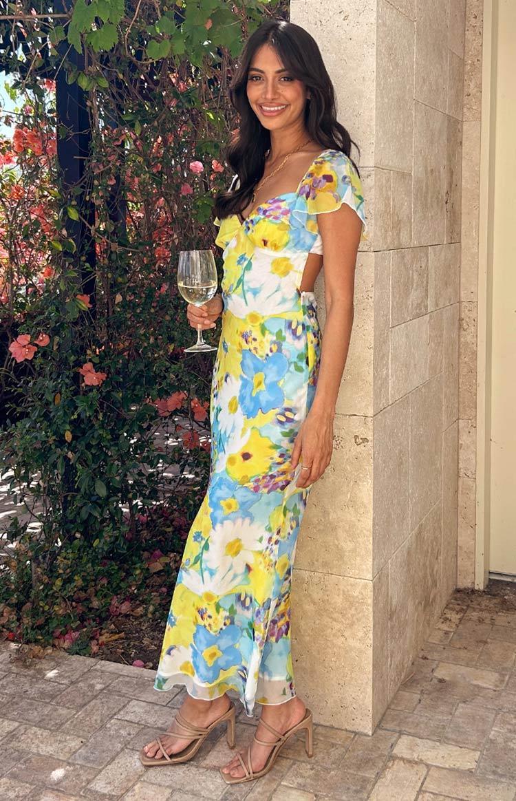 Raymi Blue Floral Chiffon Maxi Dress Product Image