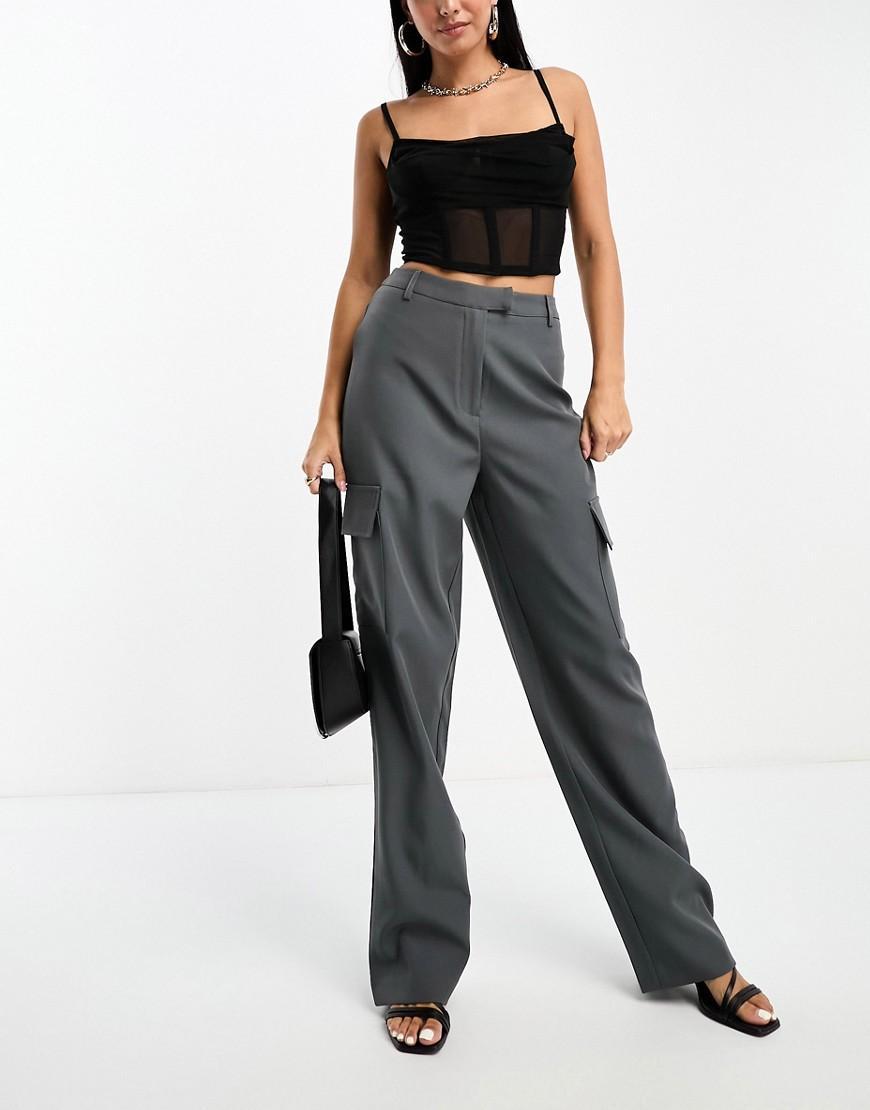 Public Desire US Kaiia Wide Leg Cargo Trousers in Charcoal Grey - female Product Image