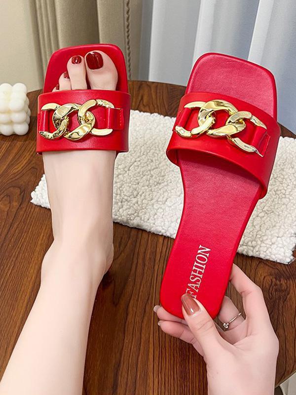 Chains Open Toe Split-Joint Square-Toe Slippers Product Image