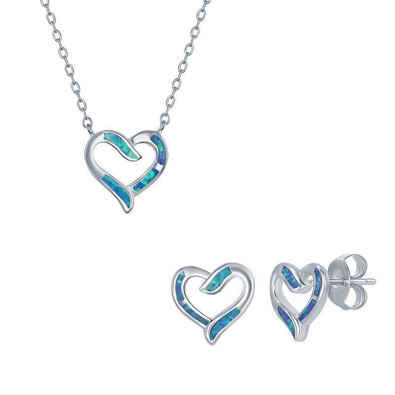 Sterling Silver Lab-Created Opal Open Heart Pendant Necklace & Earrings Set, Womens Blue Product Image