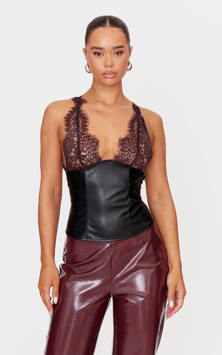 Black Faux Leather Lace Bust Detail Long Top Product Image