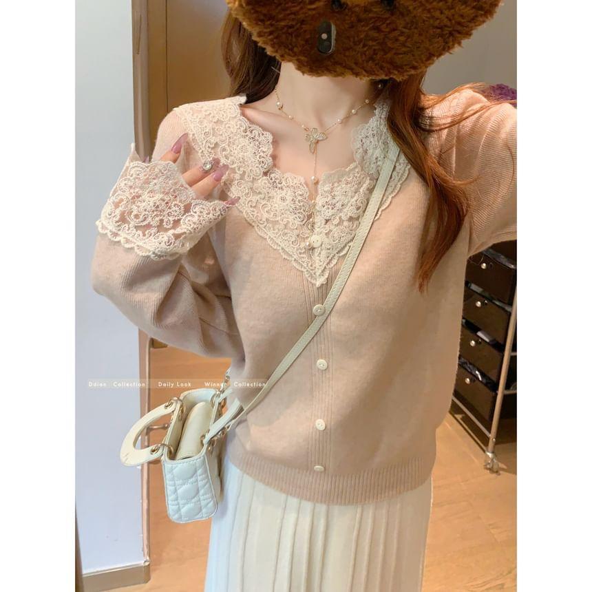 V-Neck Plain Lace Trim Sweater Product Image