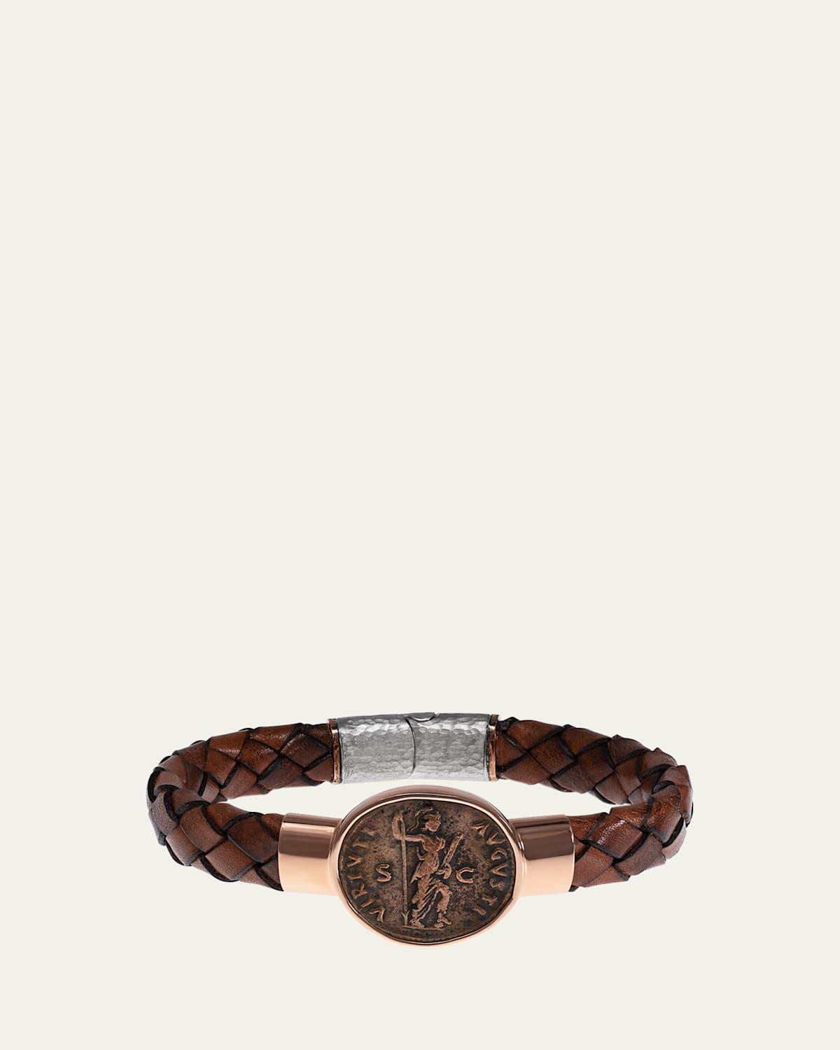 Mens Ancient Virtus Coin Braided Leather Bracelet Product Image