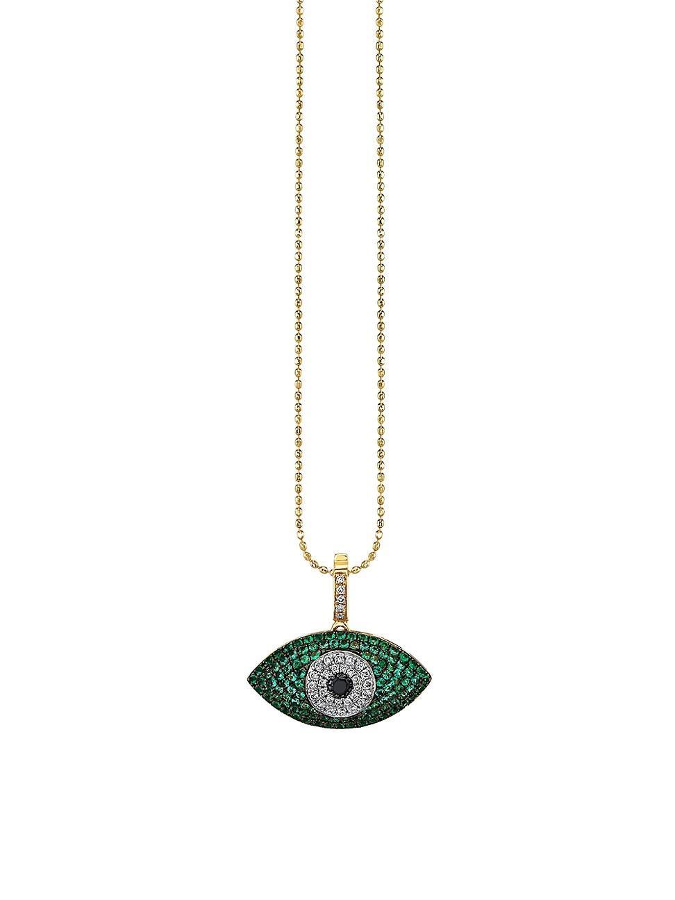 Womens 14K Yellow Gold, Emerald & 0.053 TCW Diamond Evil Eye Pendant Necklace Product Image