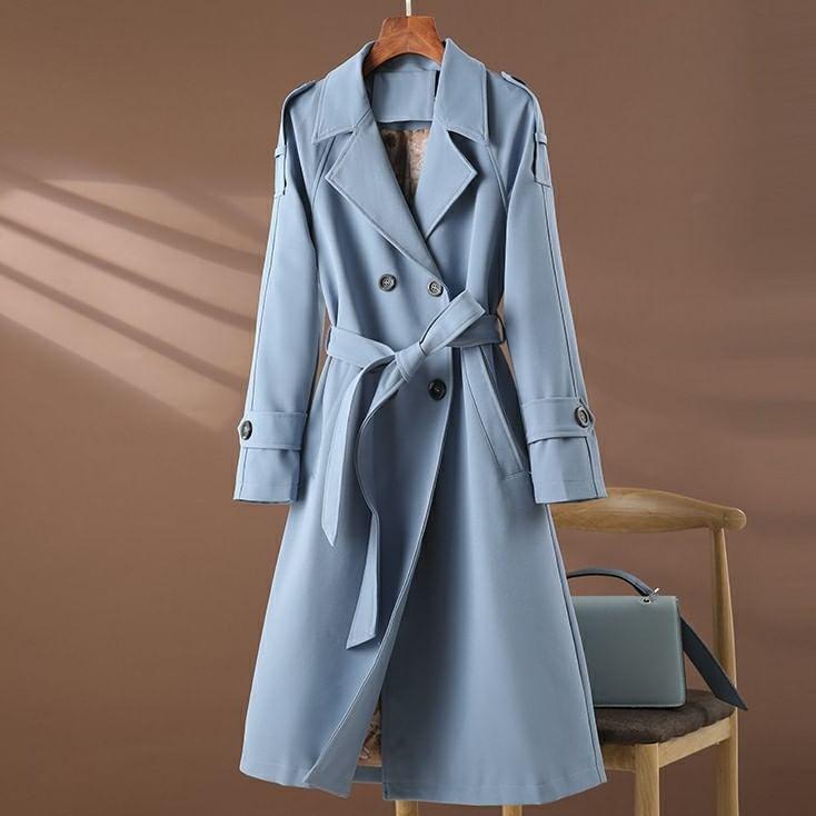 Plain Tie Waist Midi Double-Breasted Trench Coat product image