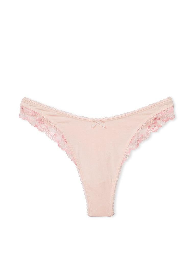 Stretch Cotton Lace-Trim High-Leg Scoop Thong Panty Product Image