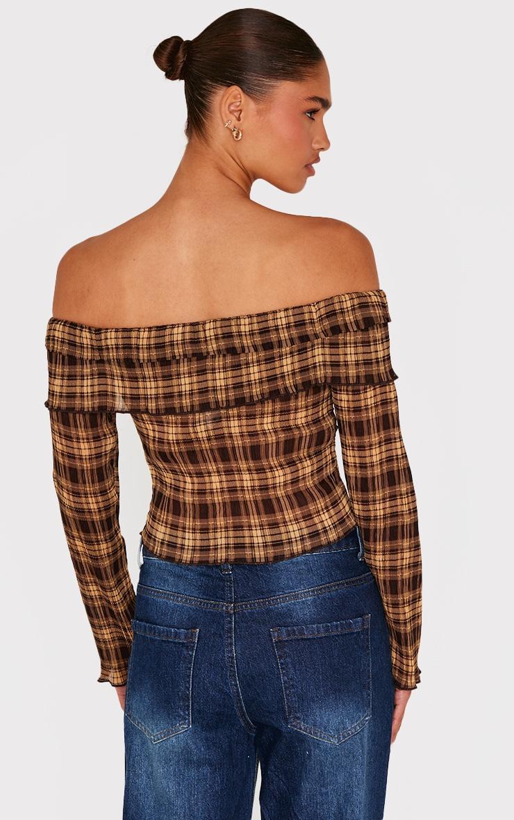 Brown Plisse Chiffon Check Bardot Blouse Product Image