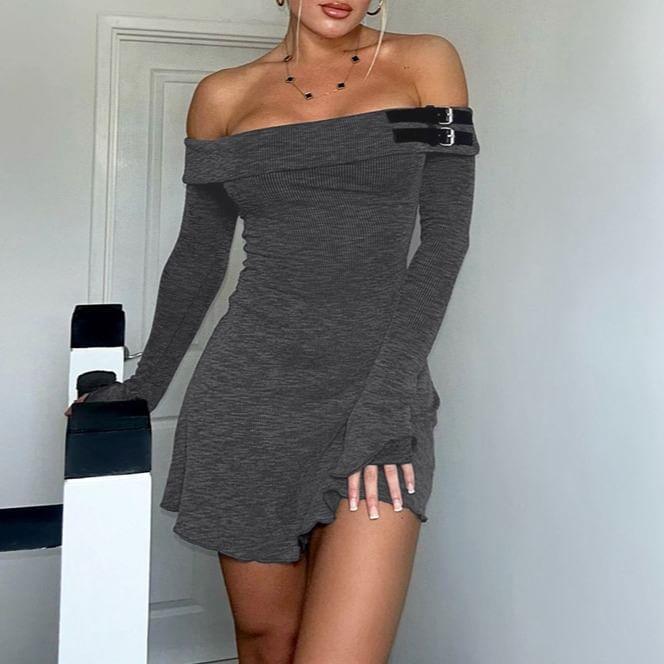 Long Sleeve Off Shoulder Plain Buckled Mini A-Line Dress Product Image