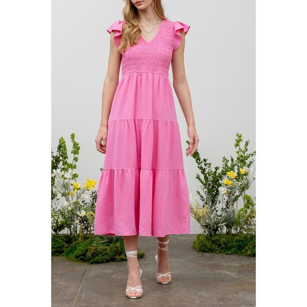 August Sky Women's V-neck Smocked Tiered Midi Dress - Pink, Small product image