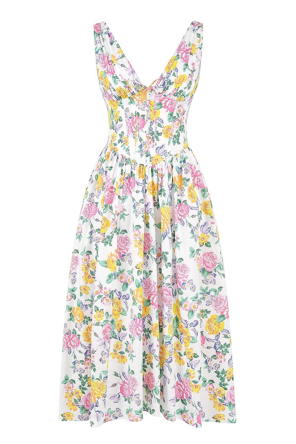 Emmelina White Vintage Rose Print Cotton Corset Sundress Product Image