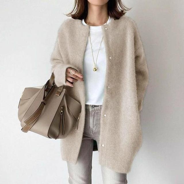 Crew Neck Plain Button-Up Long Cardigan Product Image