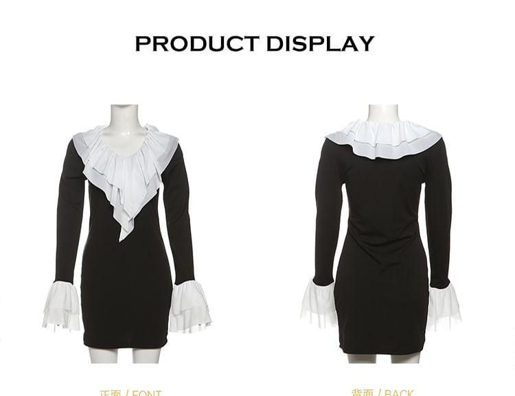 Flared-Sleeve Two Tone Mini Sheath Dress Product Image