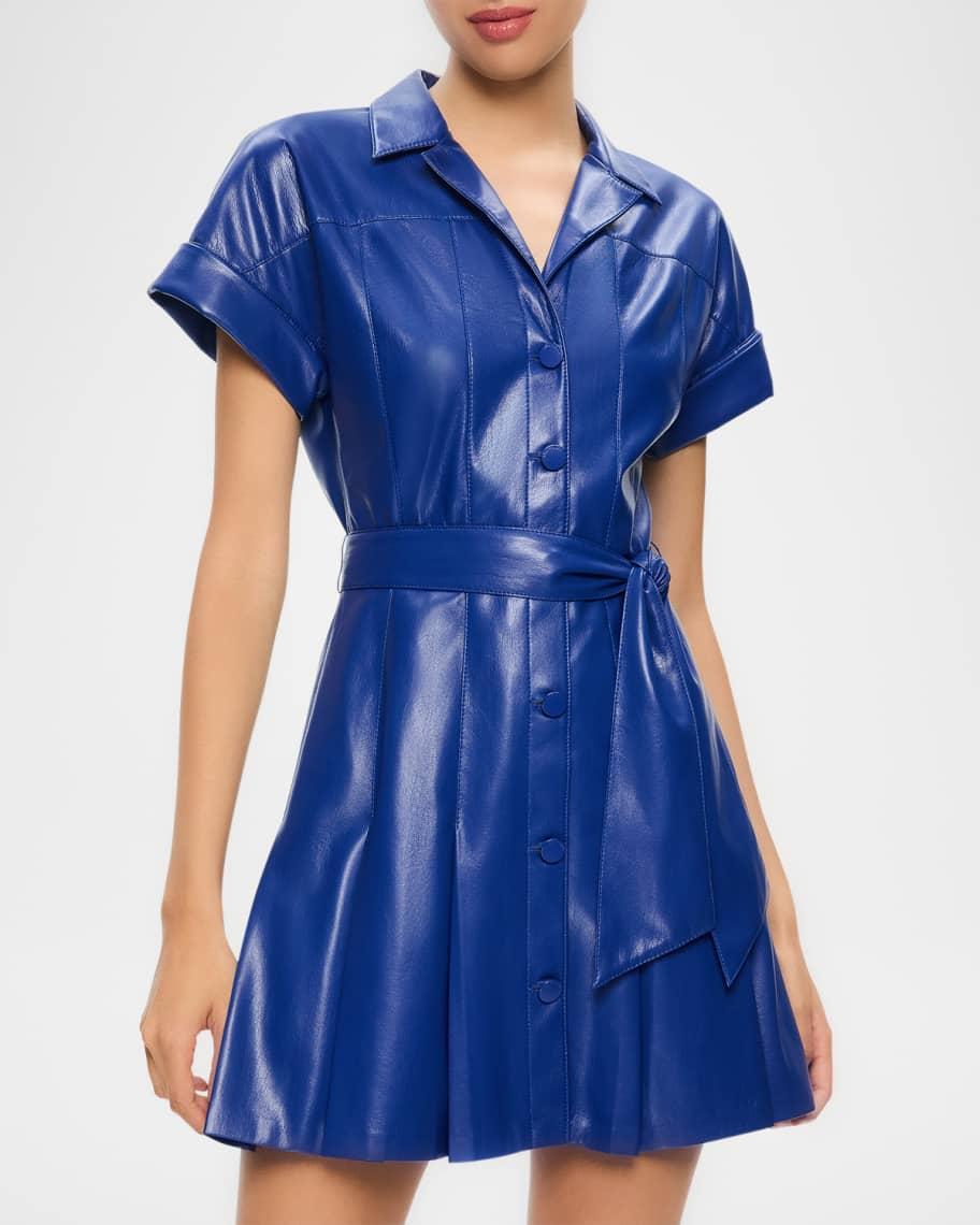 Shirley Short-Sleeve Vegan Leather Pleated Mini Shirtdress Product Image