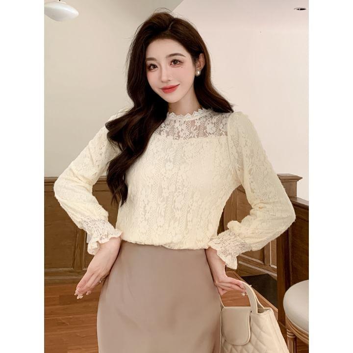 Long Sleeve Stand Collar Plain Lace Blouse Product Image