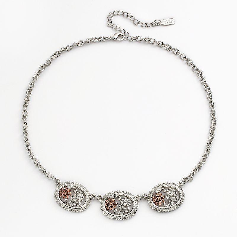 1928 Two Tone Simulated Crystal Openwork Flower Necklace, Womens Silver Tone Product Image