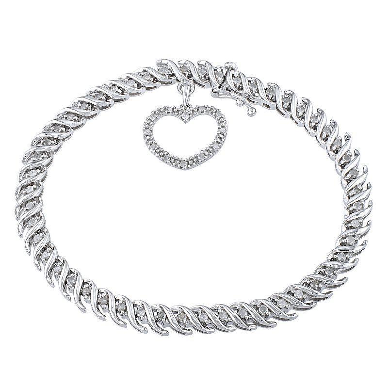 Stella Grace Sterling Silver 1 Carat T.W. Diamond Tennis Bracelet with Heart Charm, Womens Product Image