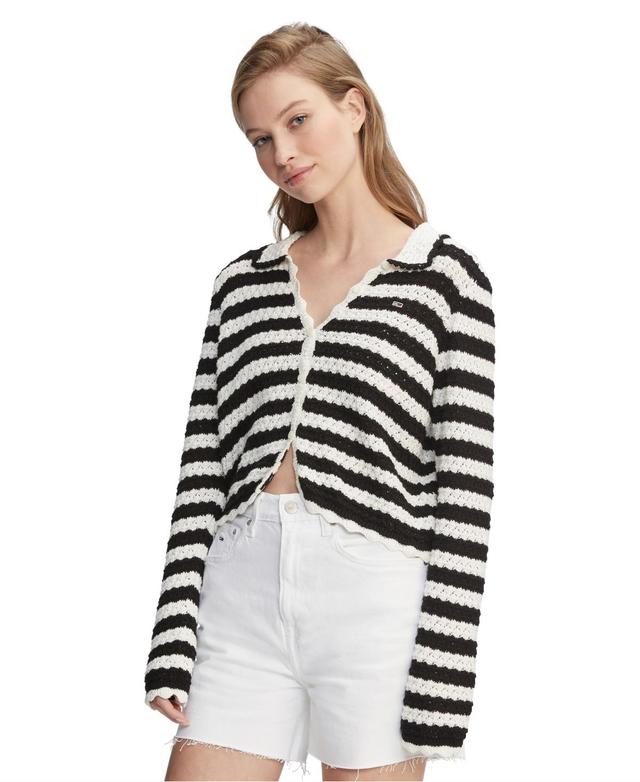 Tommy Jeans Womens Crochet Striped Collared Cardigan - Black Product Image