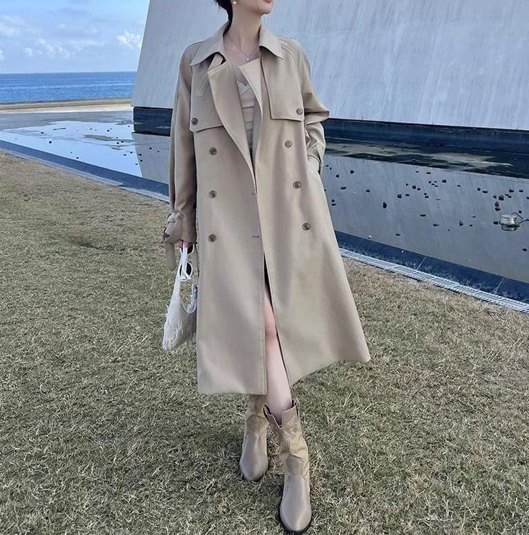 Collar Plain Midi Double-Breasted Trench Coat Product Image