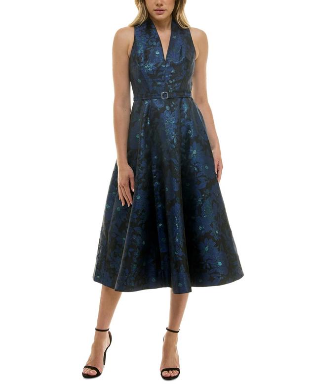 Taylor Womens Metallic Floral Jacquard Sleeveless Fit & Flare Dress - Navy Product Image